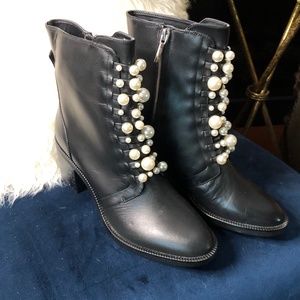 Zara Leather Ankle Boots with faux pearl embellishments